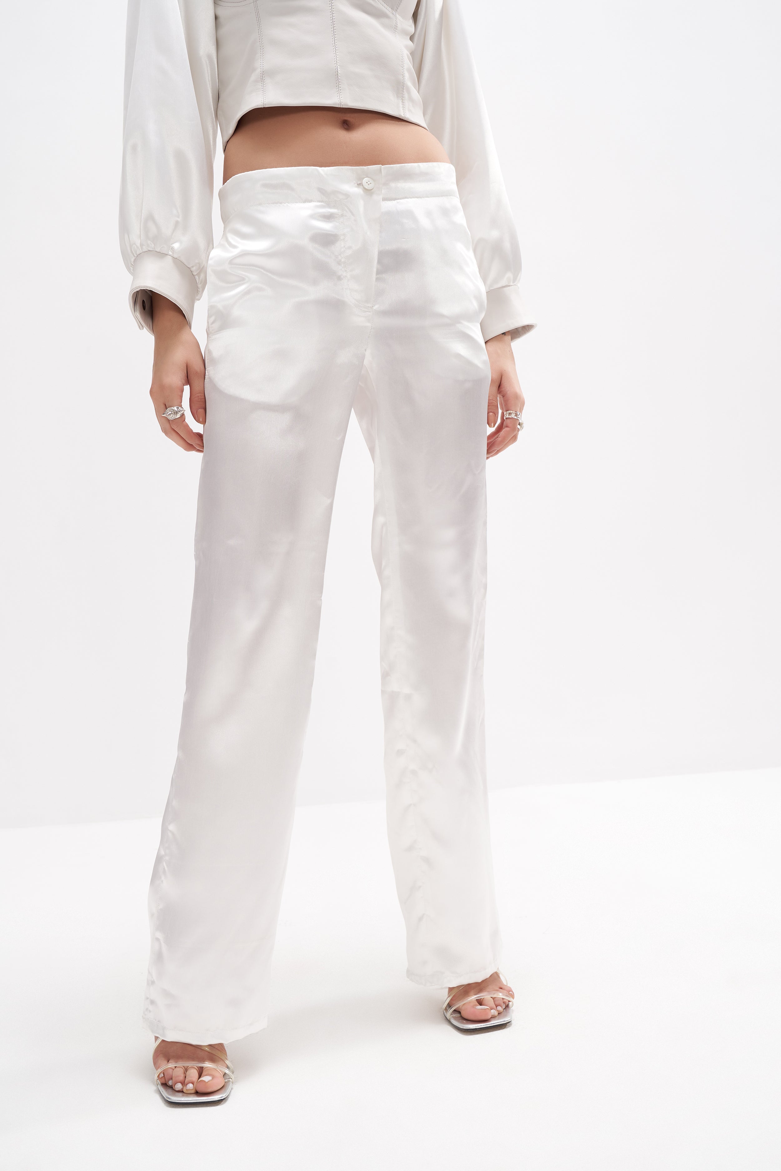 Amy Co-Ord Set - Leather & Satin Mix - White