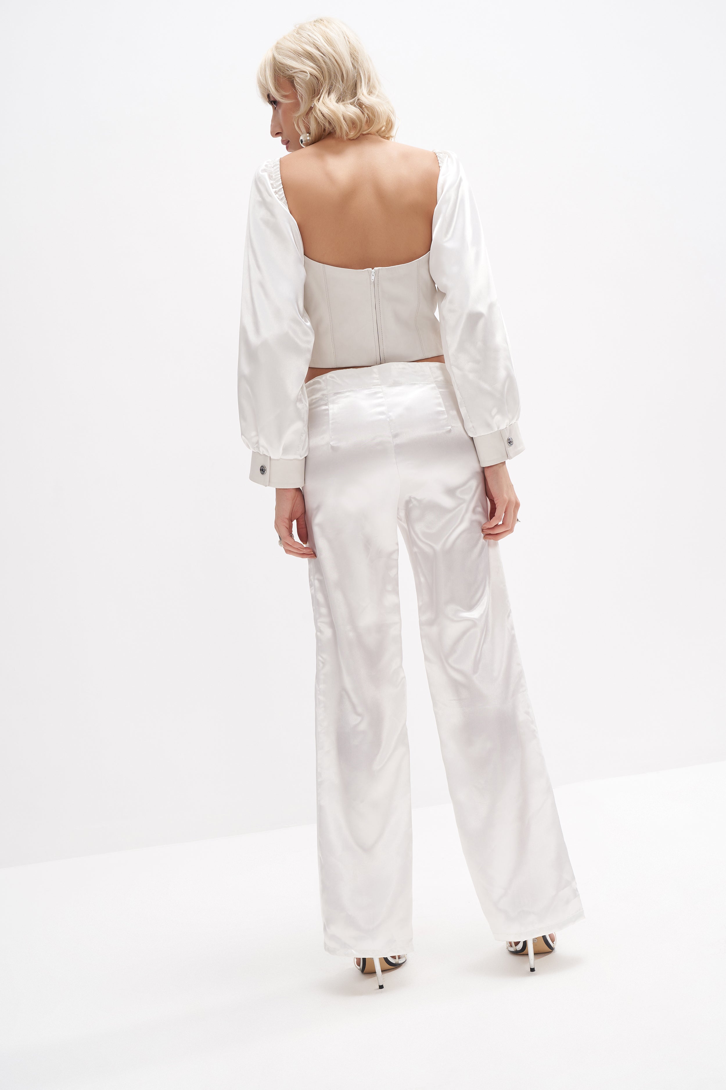 Amy Co-Ord Set - Leather & Satin Mix - White