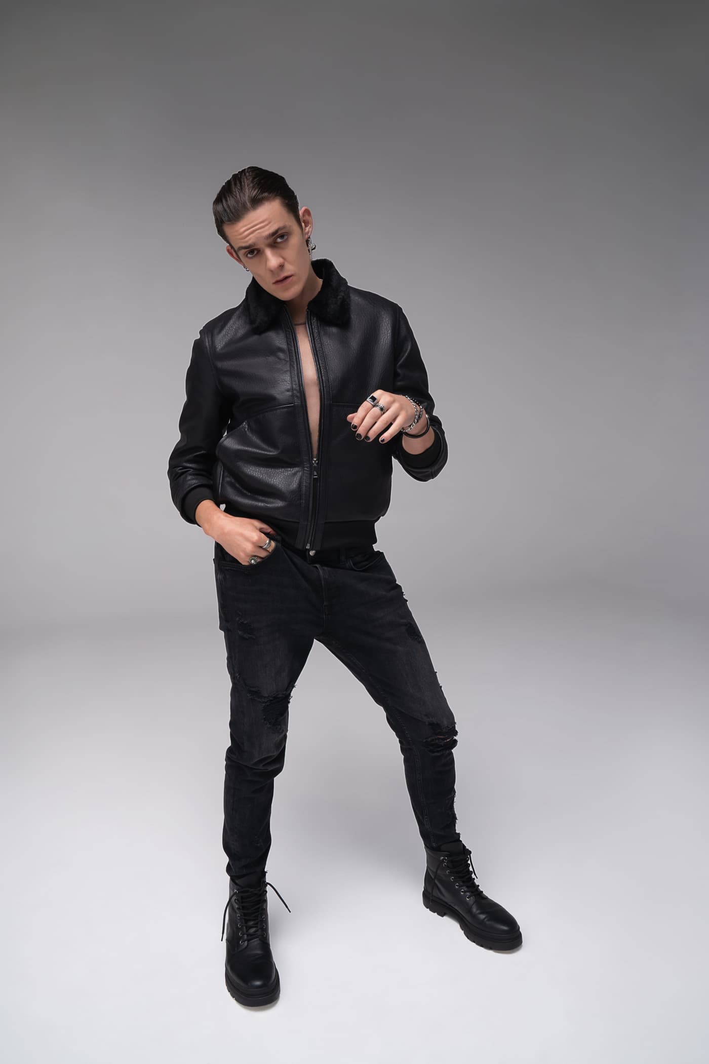 Orion - Leather Bomber Fur Collar Jacket - Black