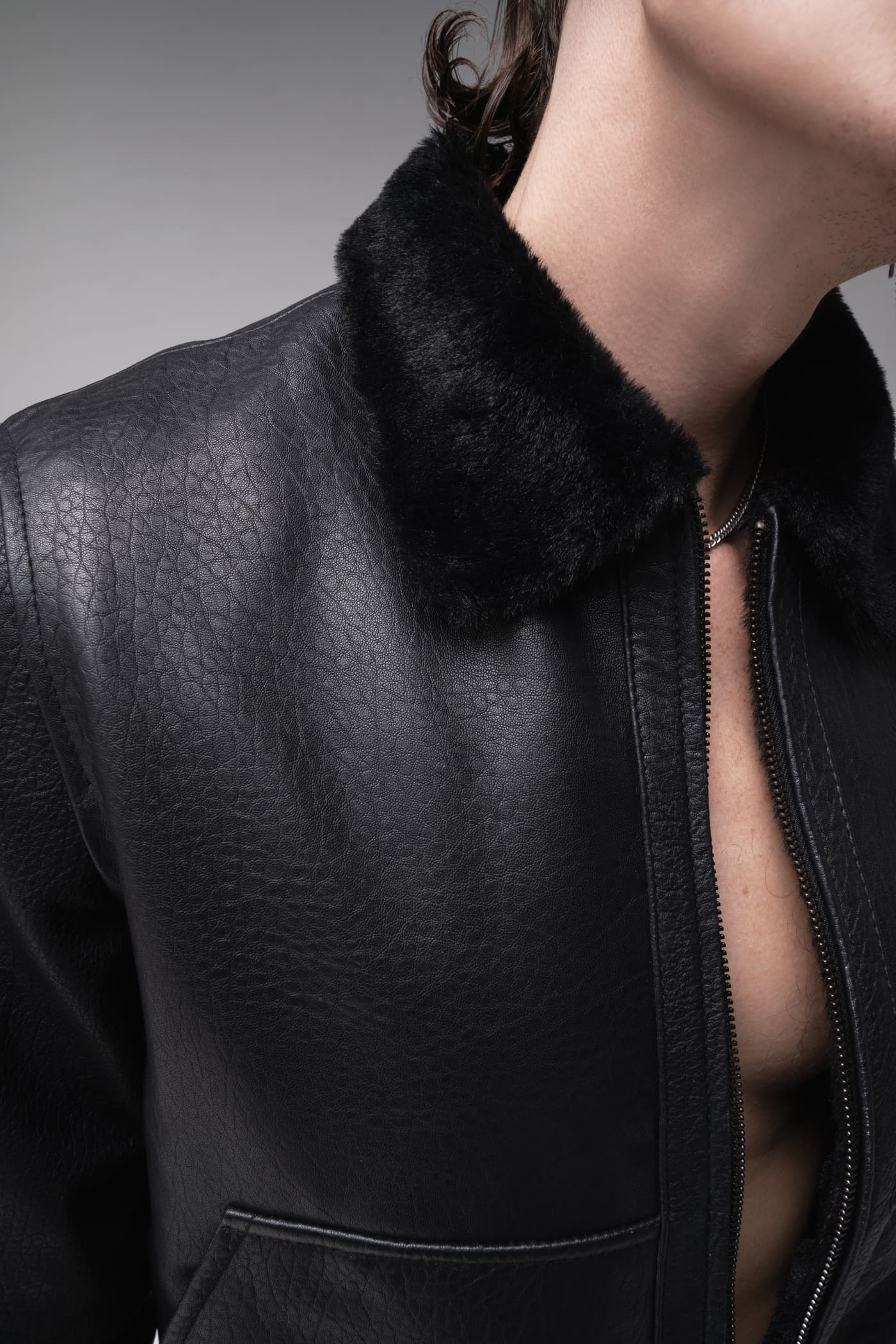 Orion - Leather Bomber Fur Collar Jacket - Black