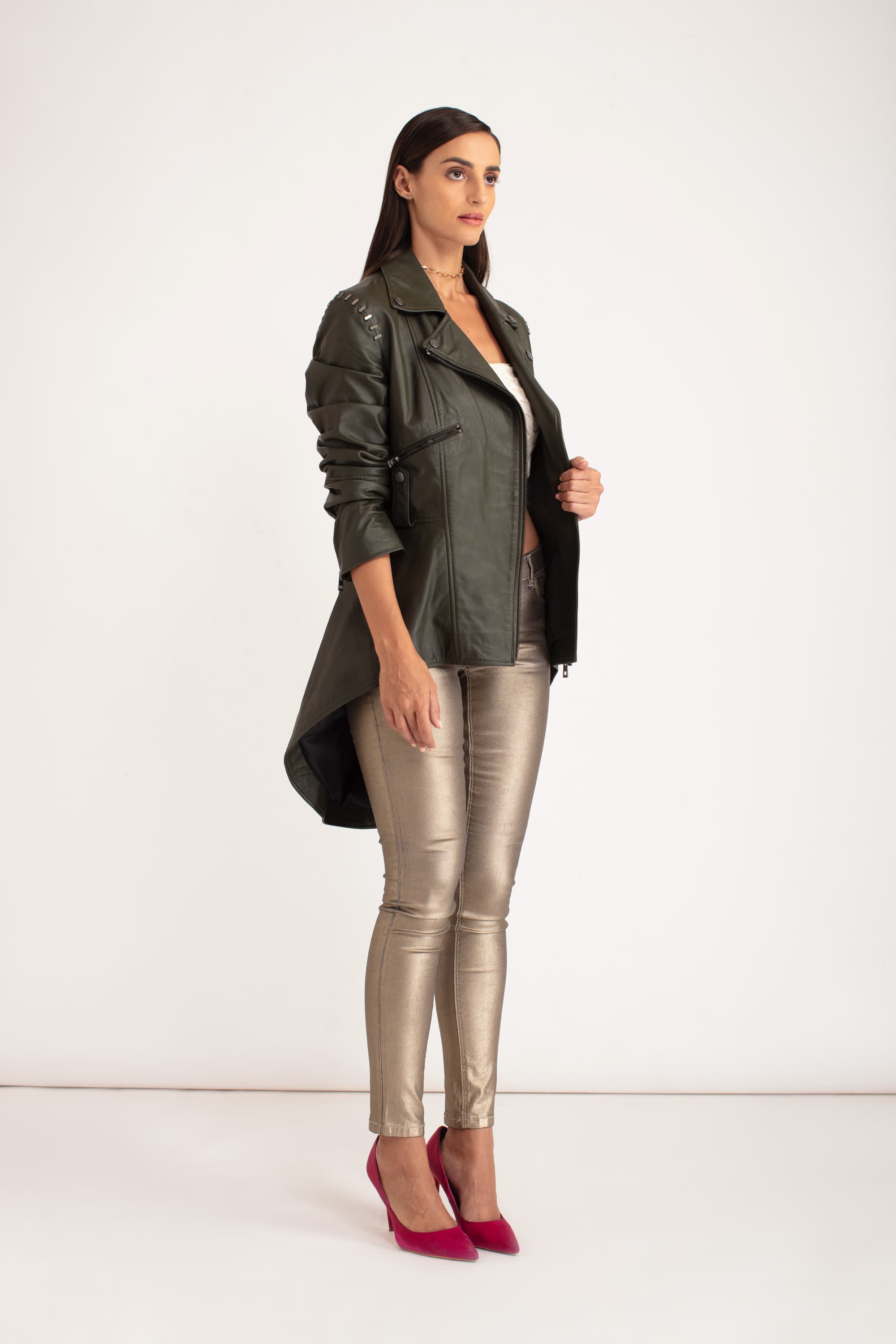 Zen - Leather Biker Jacket - Khaki