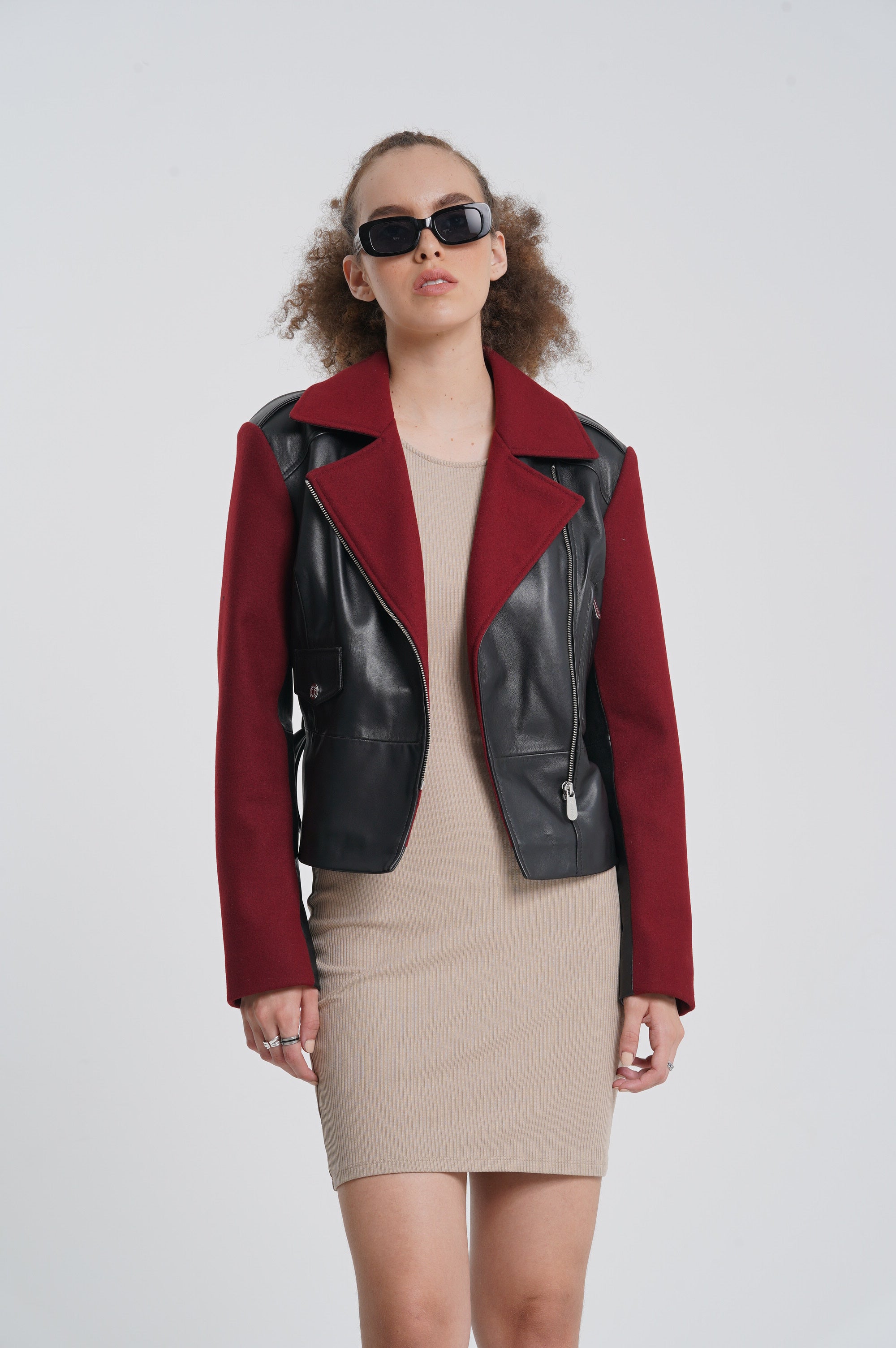 Frida - Leather Biker Jacket - Burgundy & Black