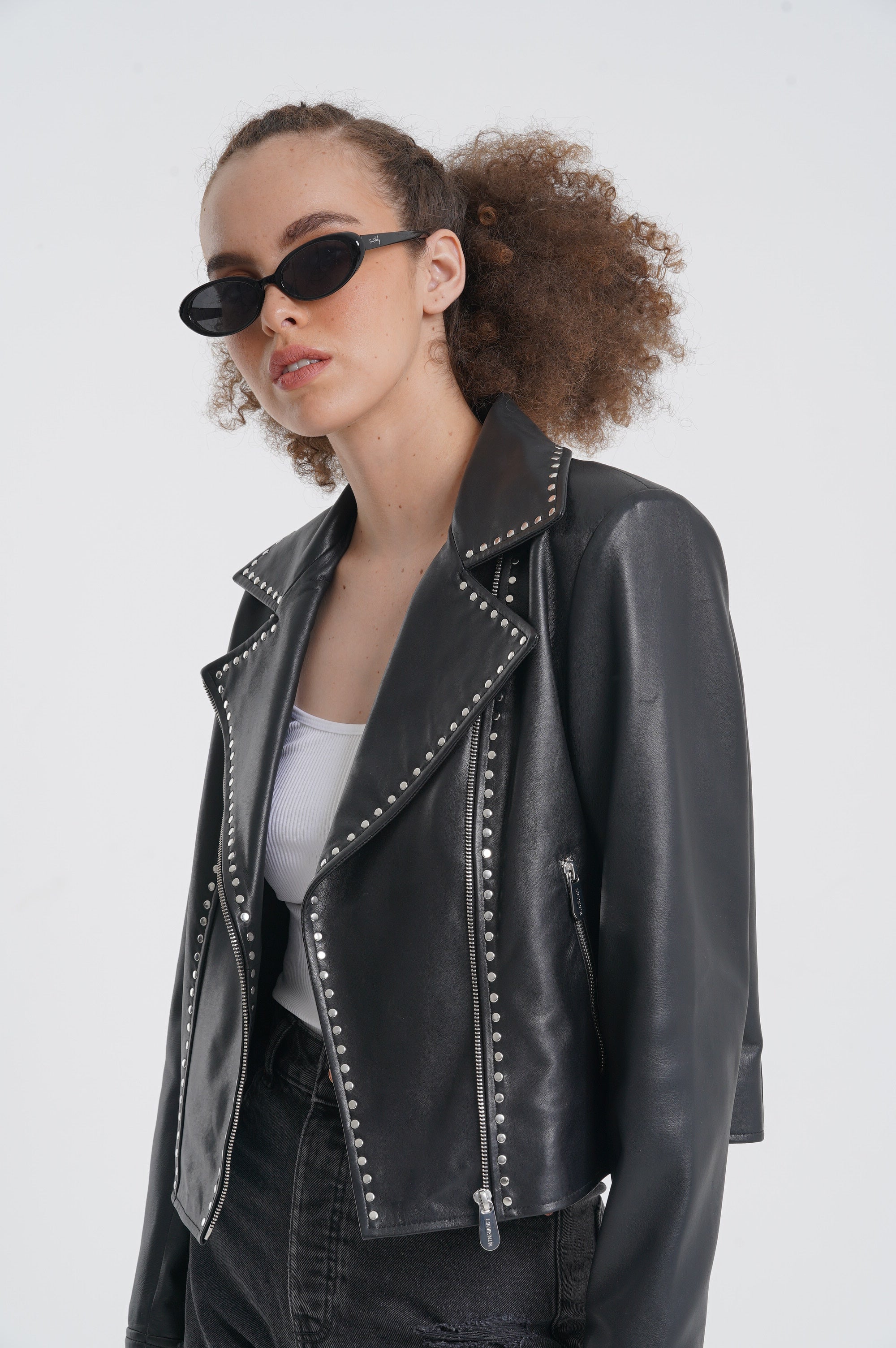 Astrid - Studded Leather Biker Jacket - Black