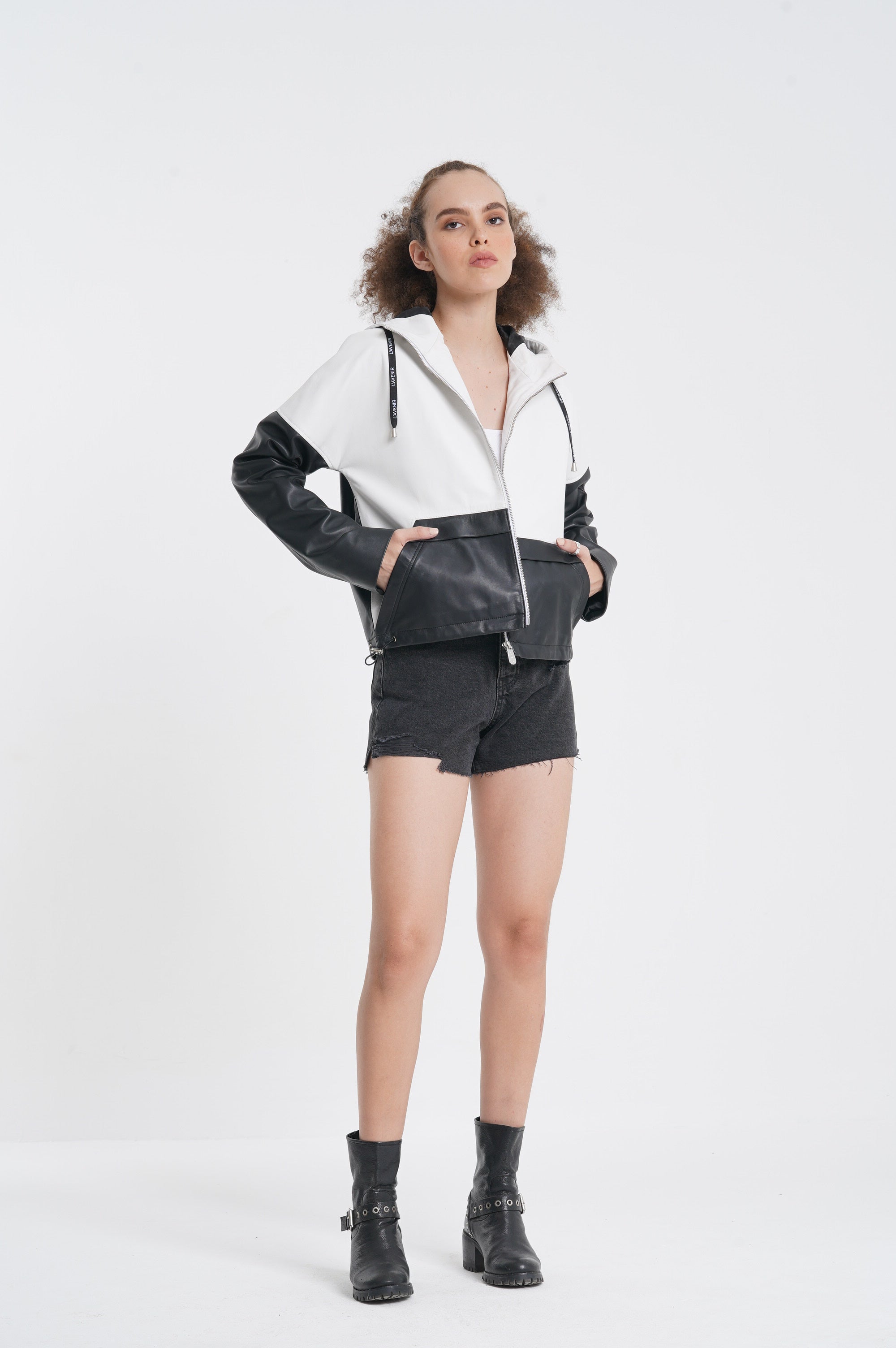 Juno - Hooded Leather Jacket - Black & White