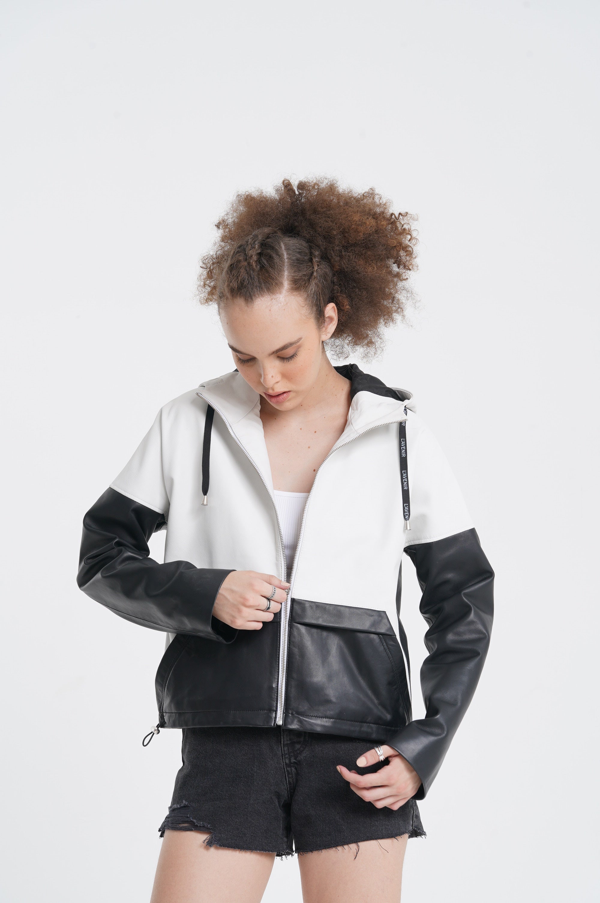 Juno - Hooded Leather Jacket - Black & White