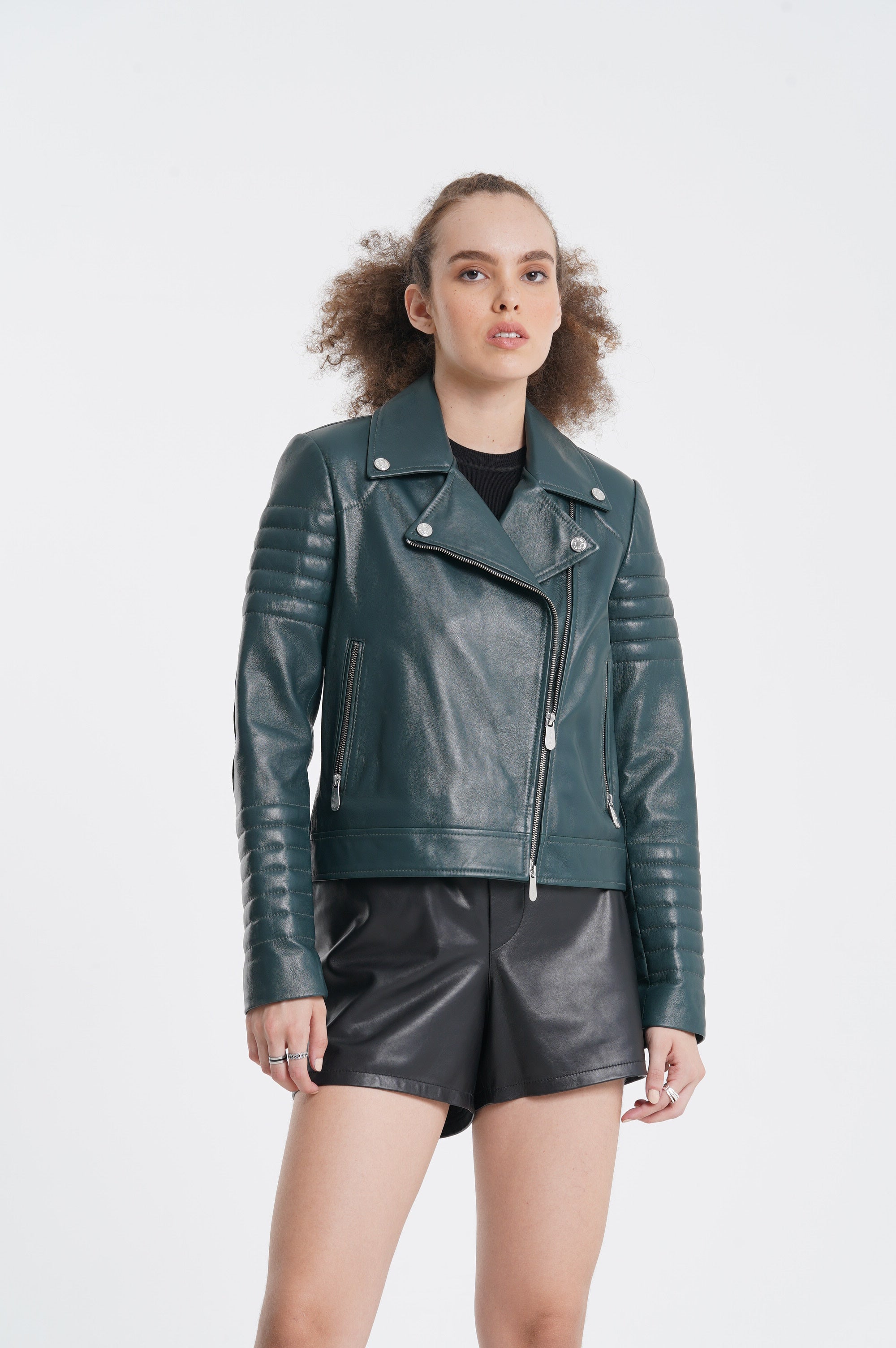 Beocca - Leather Biker Jacket - Peacock Green