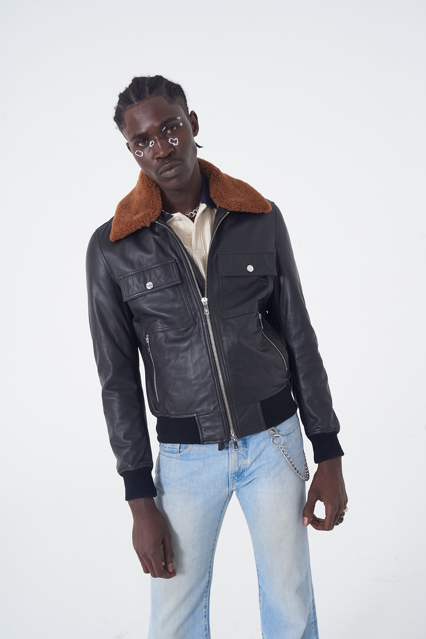 Juda - Bomber Leather Jacket - Whiskey Fur