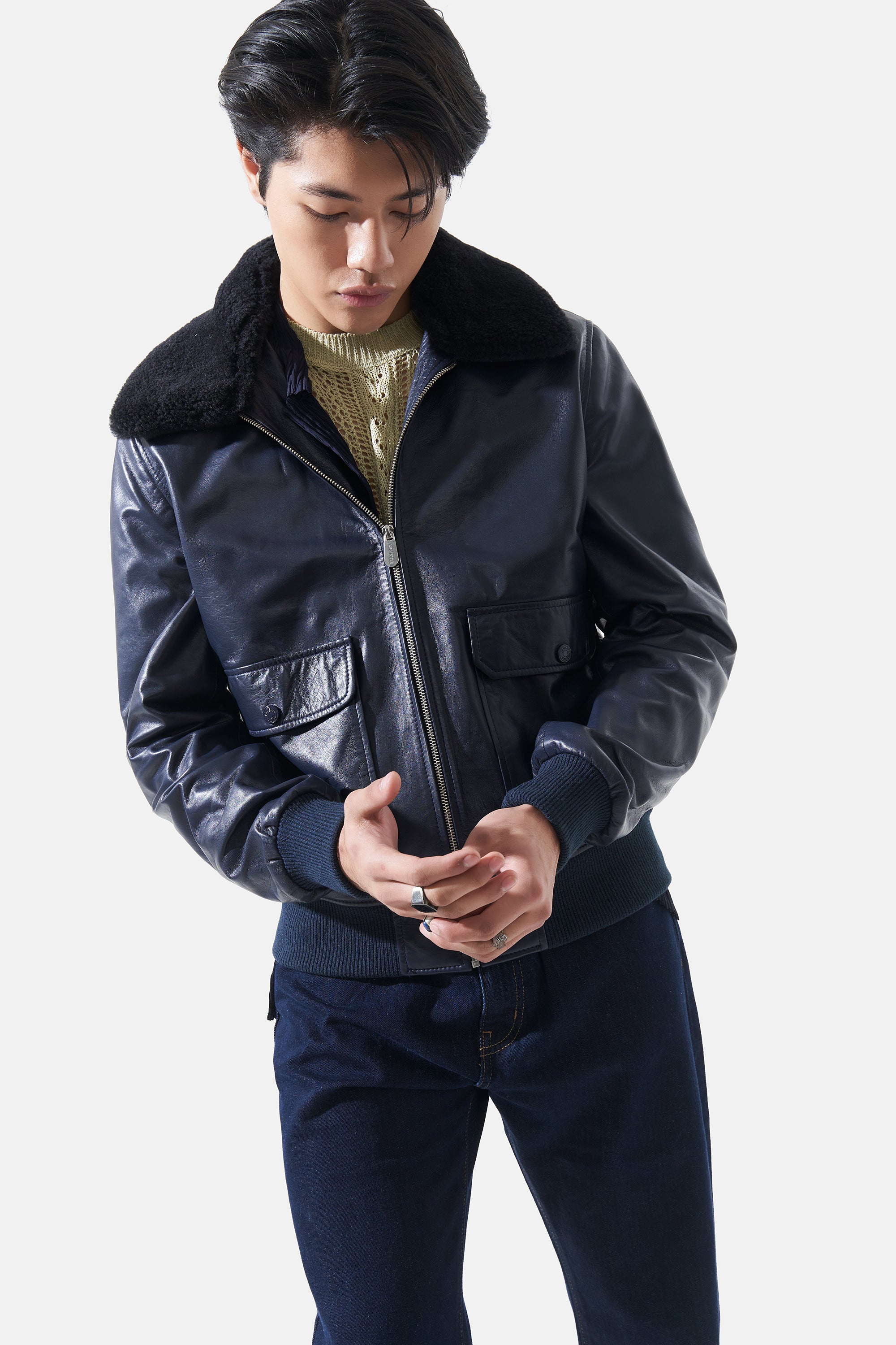 Hugo - Bomber Leather Jacket - Navy