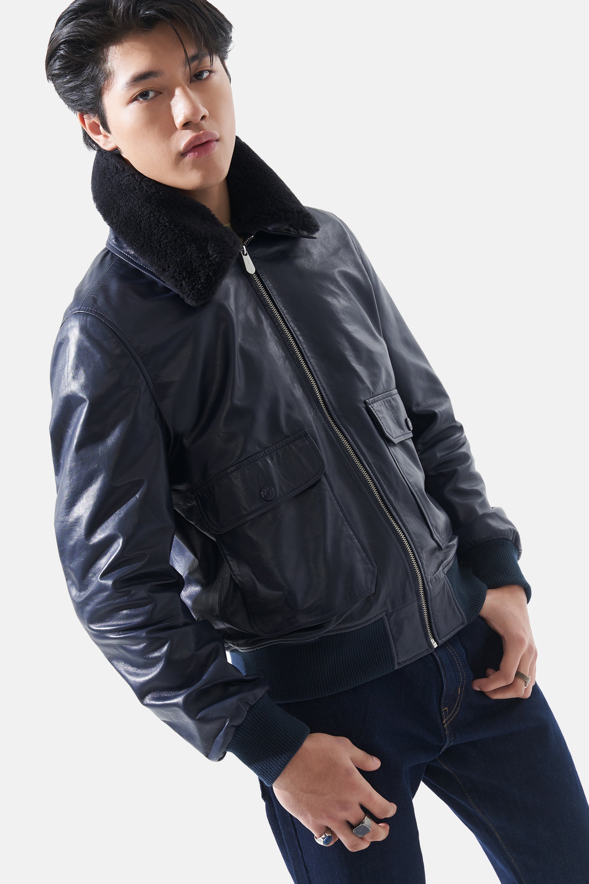 Hugo - Bomber Leather Jacket - Navy