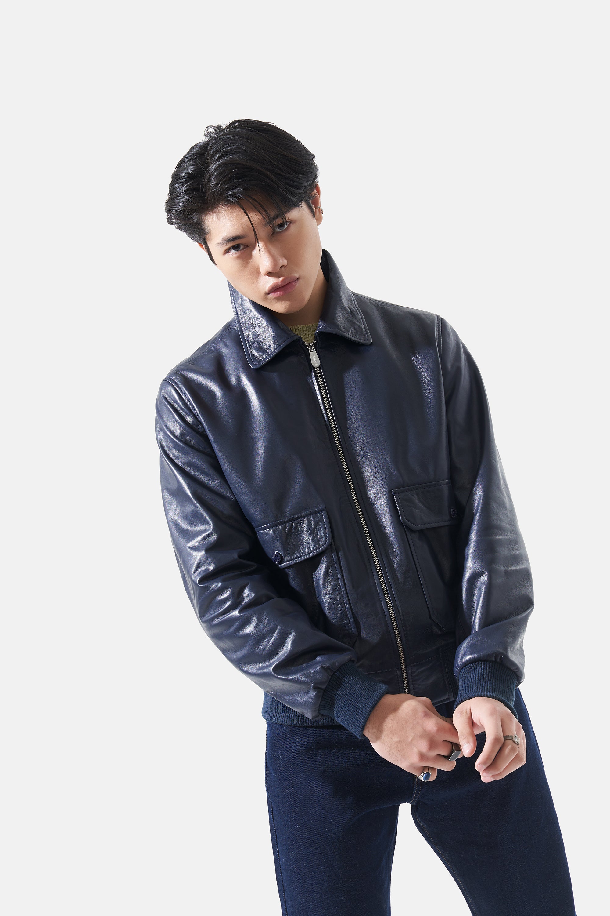 Hugo - Bomber Leather Jacket - Navy