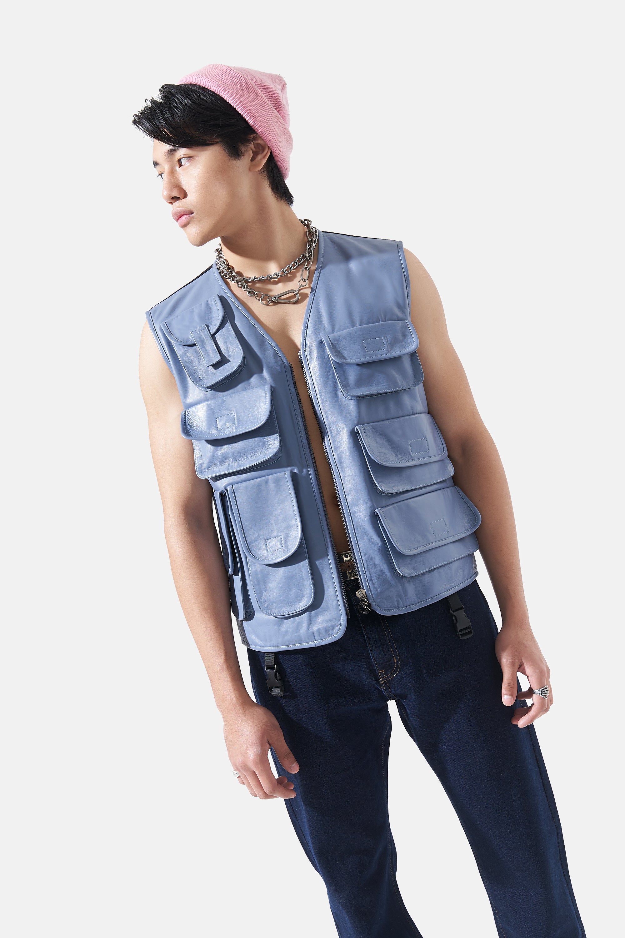 Otis - Leather Utility Gilet - Smoke Blue