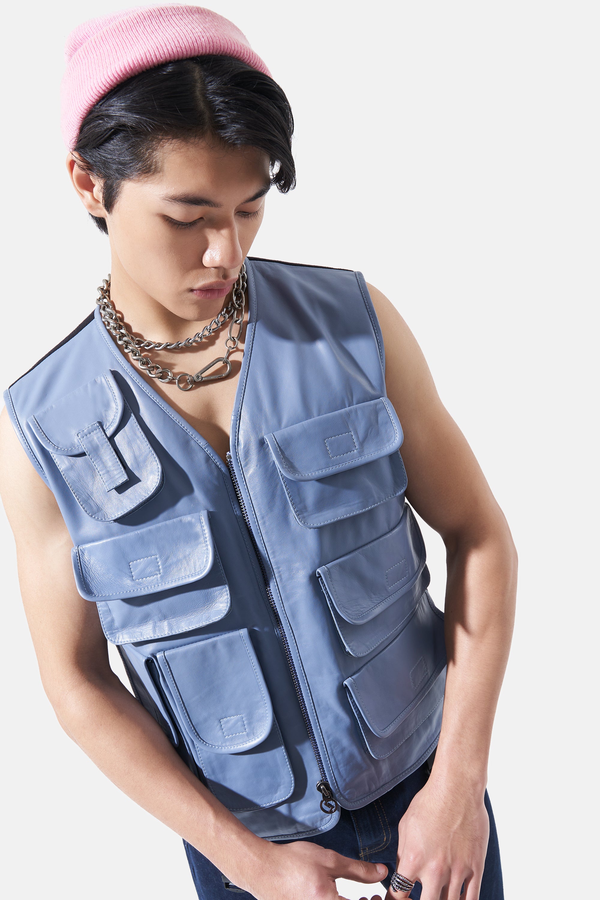 Otis - Leather Utility Gilet - Smoke Blue