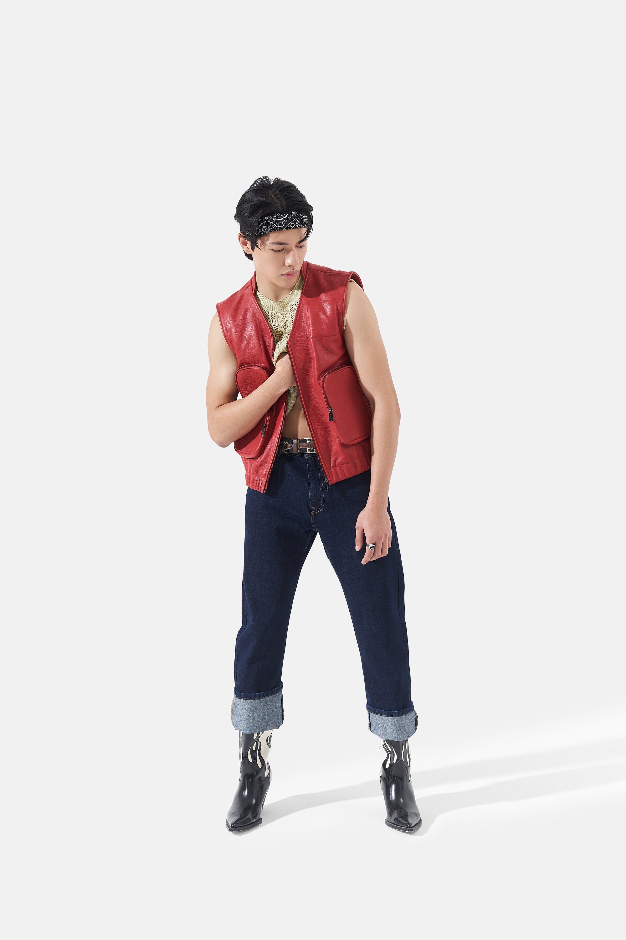 Edur - Leather Utility Gilet - Red