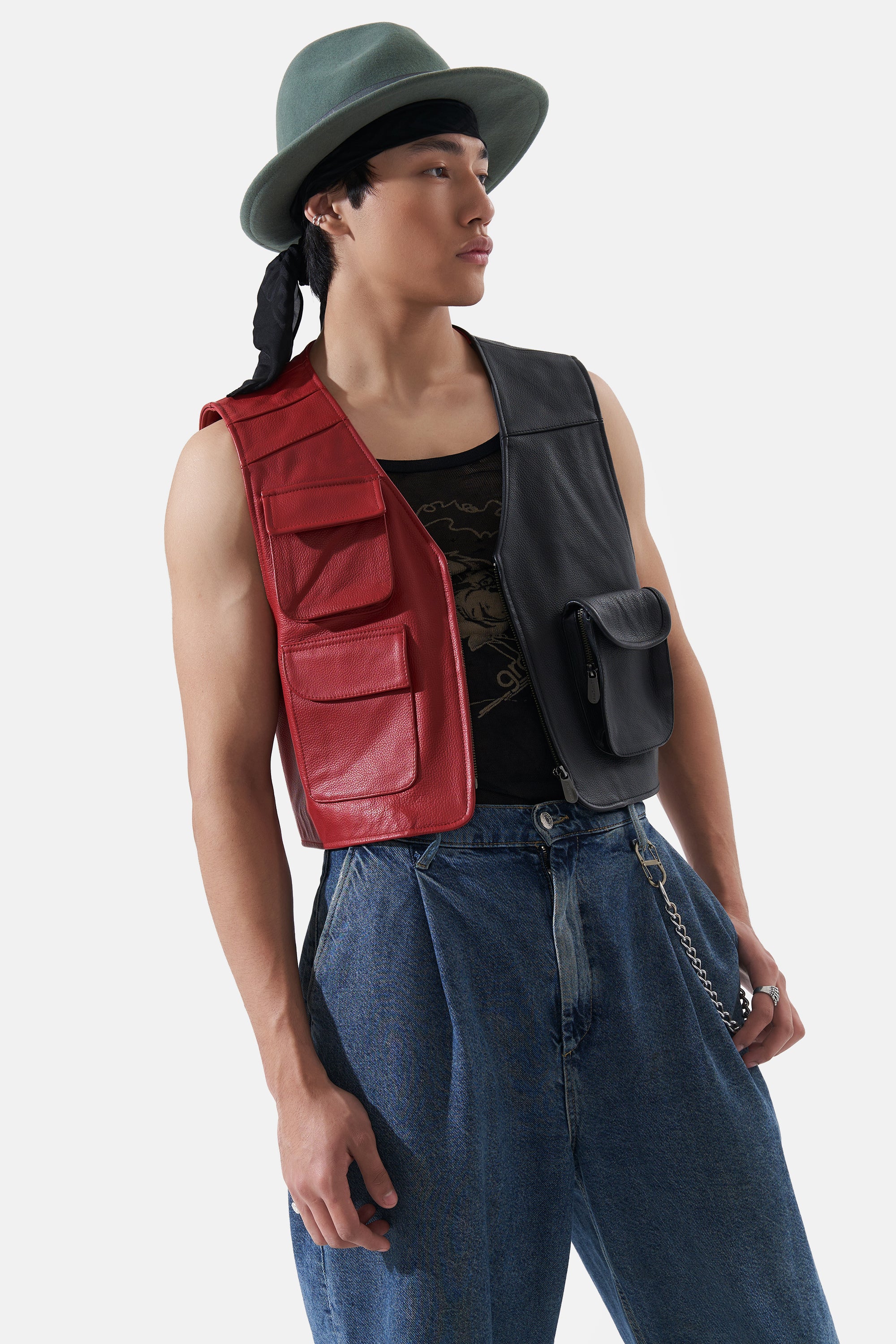 Bo - Leather Utility Gilet - Black & Red