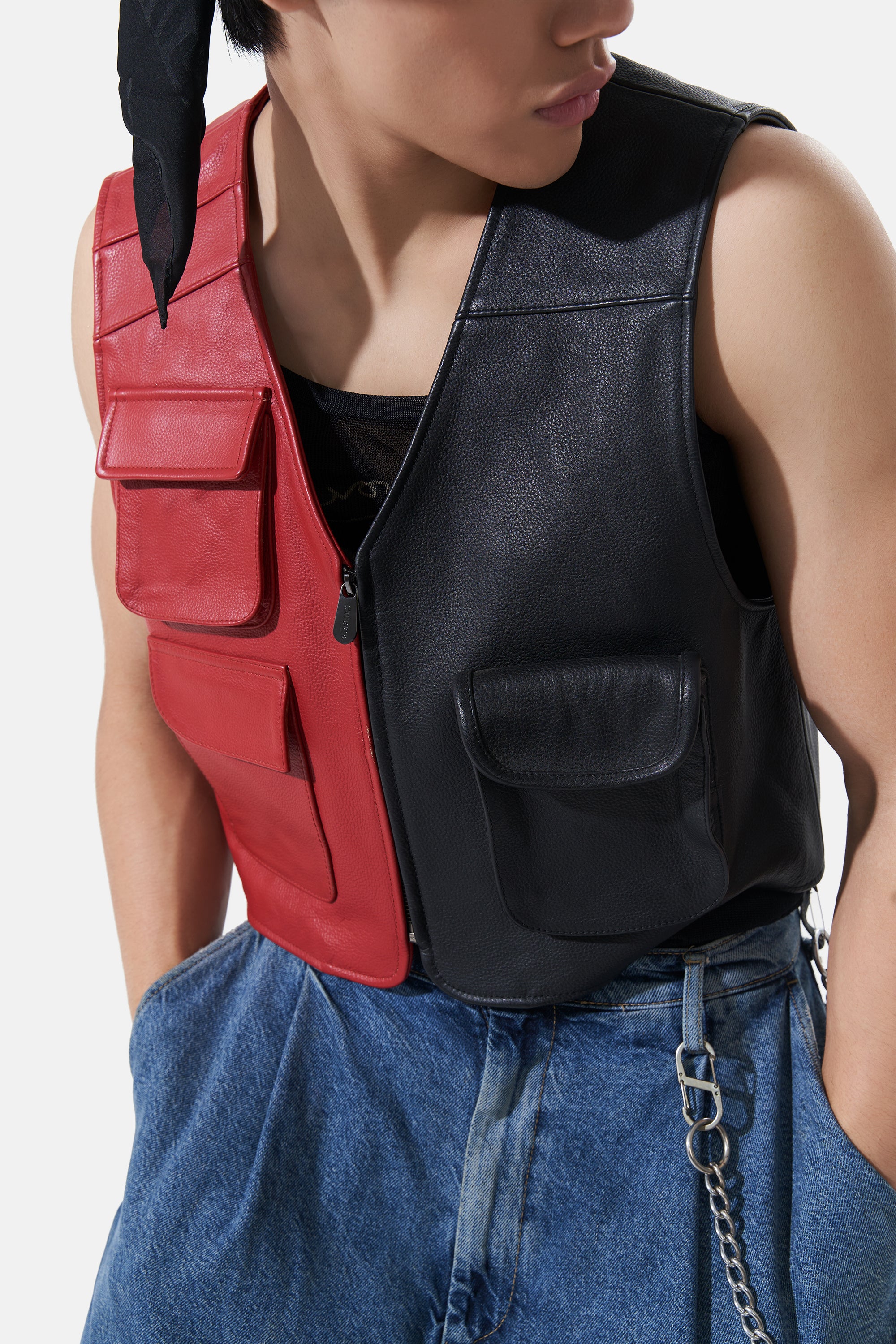 Bo - Leather Utility Gilet - Black & Red