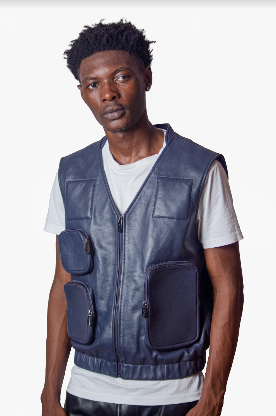 Edur - Leather Utility Gilet - Ink Blue