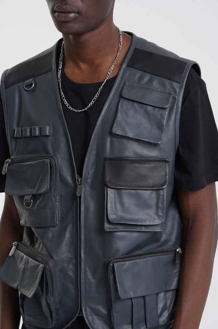 Palm - Leather Utility Gilet - Grey & Black