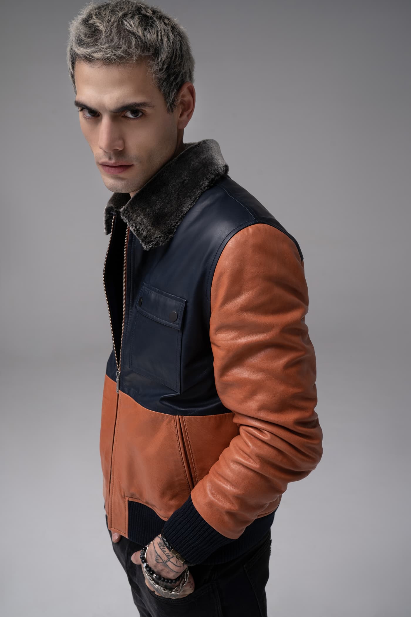 Zeus - Leather Fur Collar Jacket - Orange & Navy